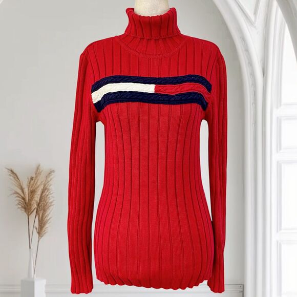 Early 2000's Preppy Red Blue White Tommy Hilfiger Cotton Turtleneck Sweater M - Picture 1 of 8